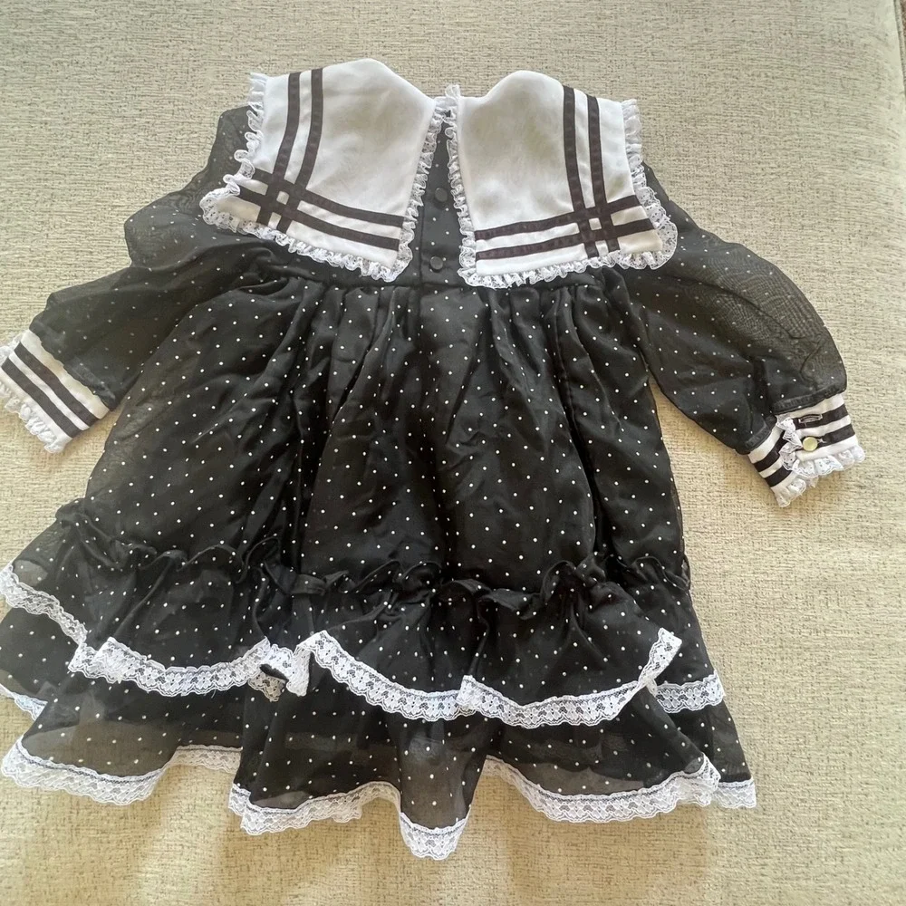 Sweet n Sassy Vintage Girls Fancy Dress Black Polka Dot Lace Ruffle‎ Sz 5
